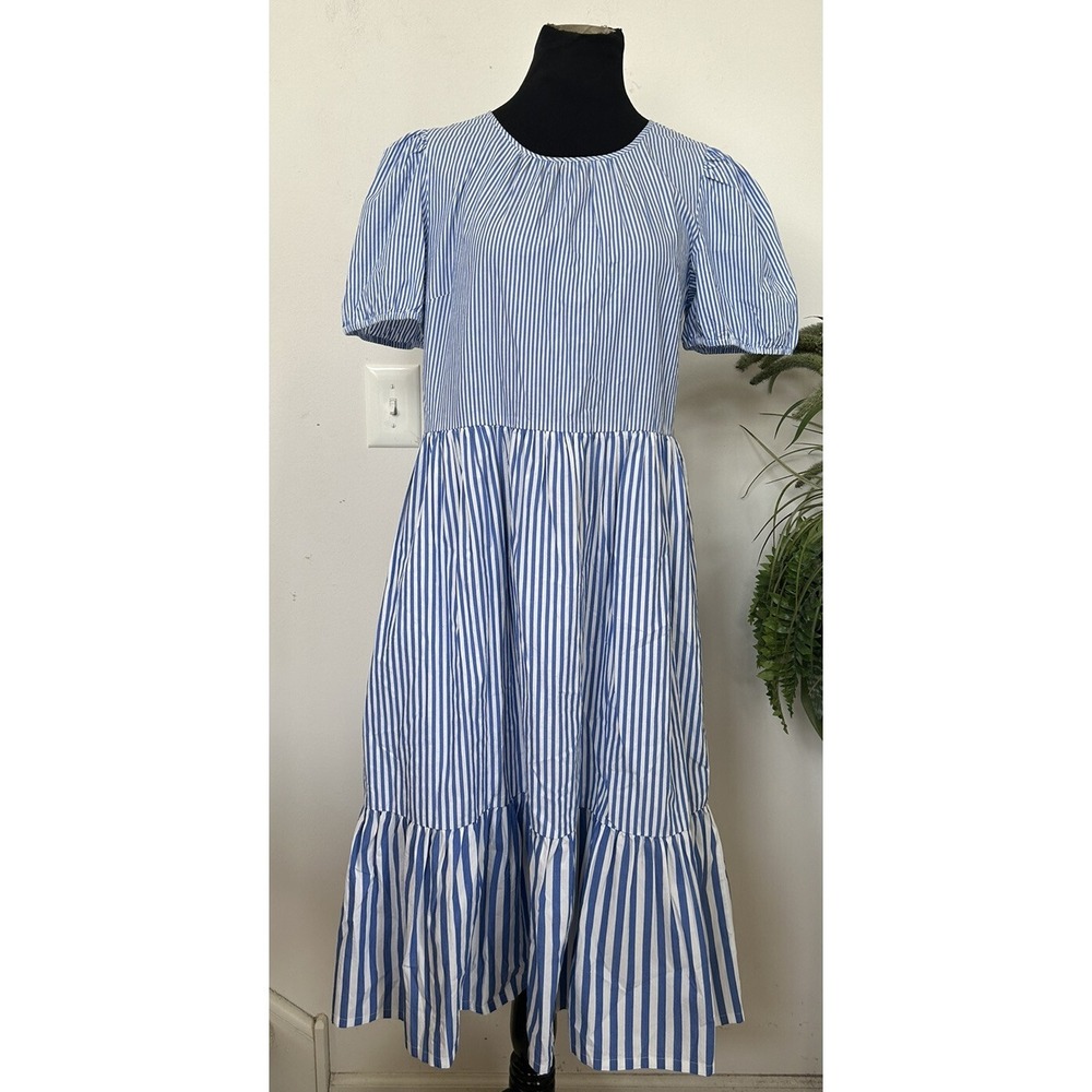 NWT J.Crew Blue & White‎ striped Tiered Cotton Maxi Dress Ruffle Trim sz 12 $118